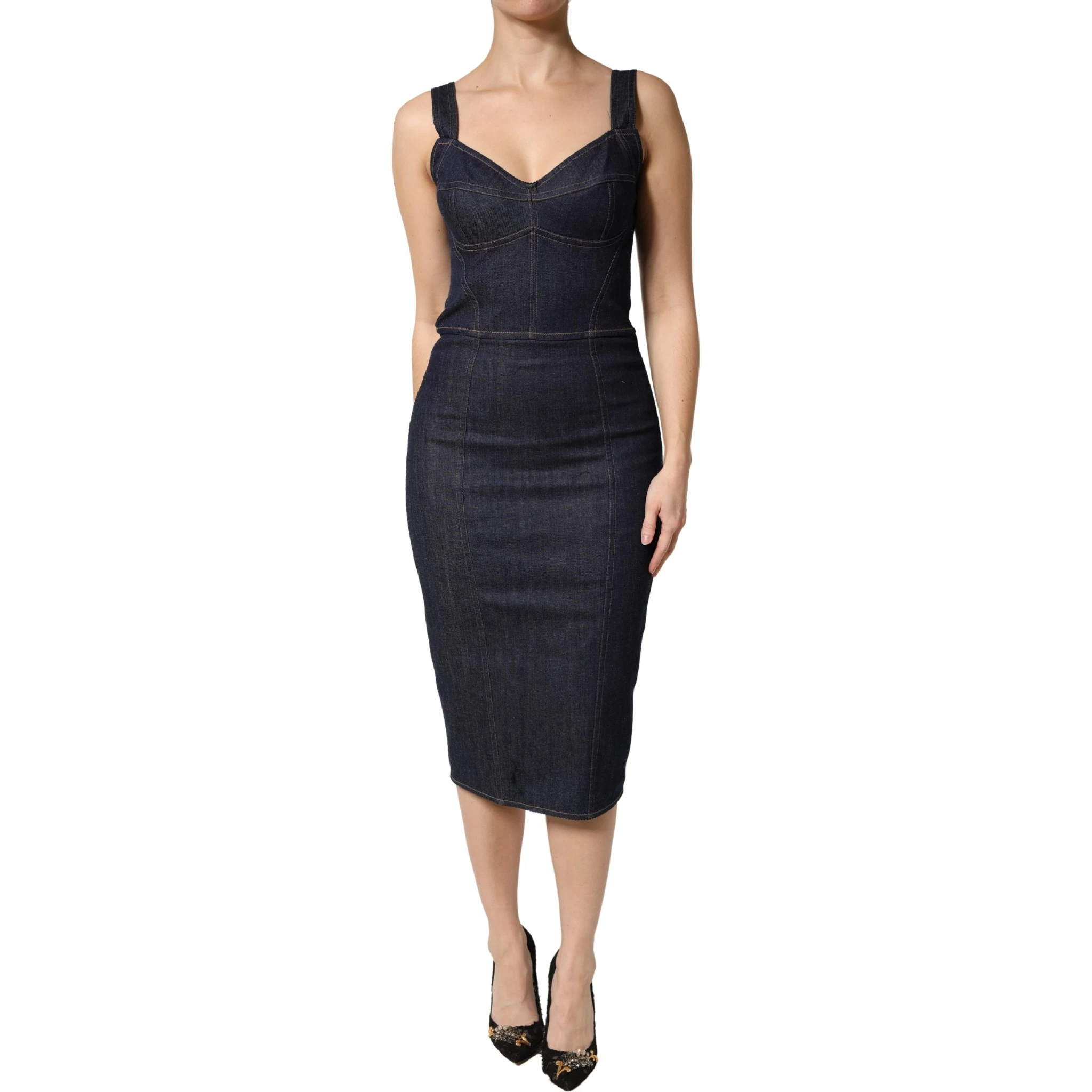 Dark Blue Cotton Denim Sheath Midi Dress