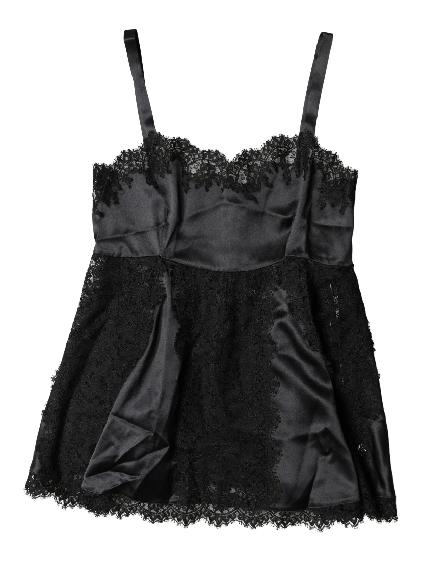Black Silk Lace Trim Lingerie Top Underwear