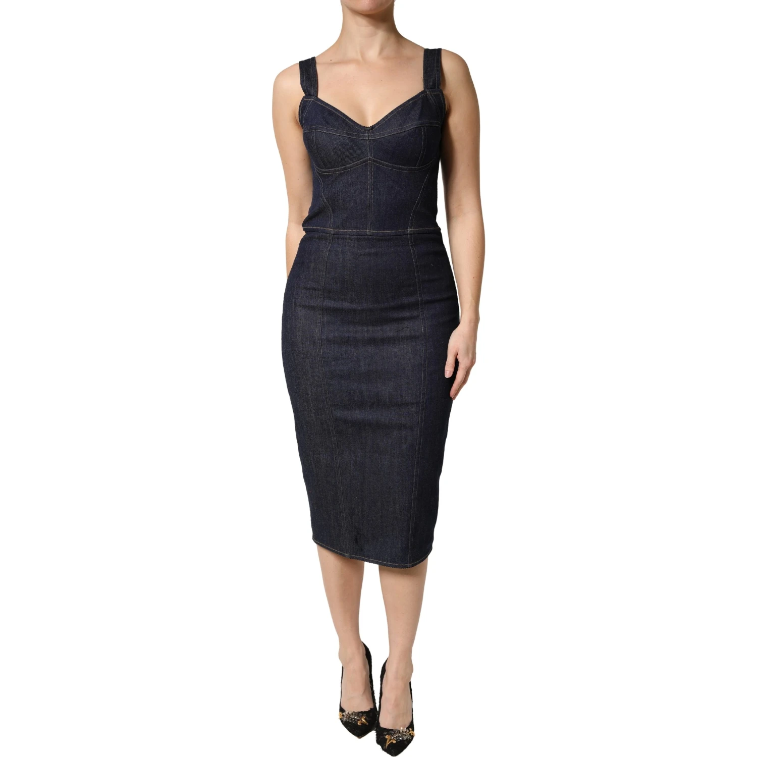 Dark Blue Cotton Denim Sheath Midi Dress