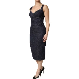 Dark Blue Cotton Denim Sheath Midi Dress