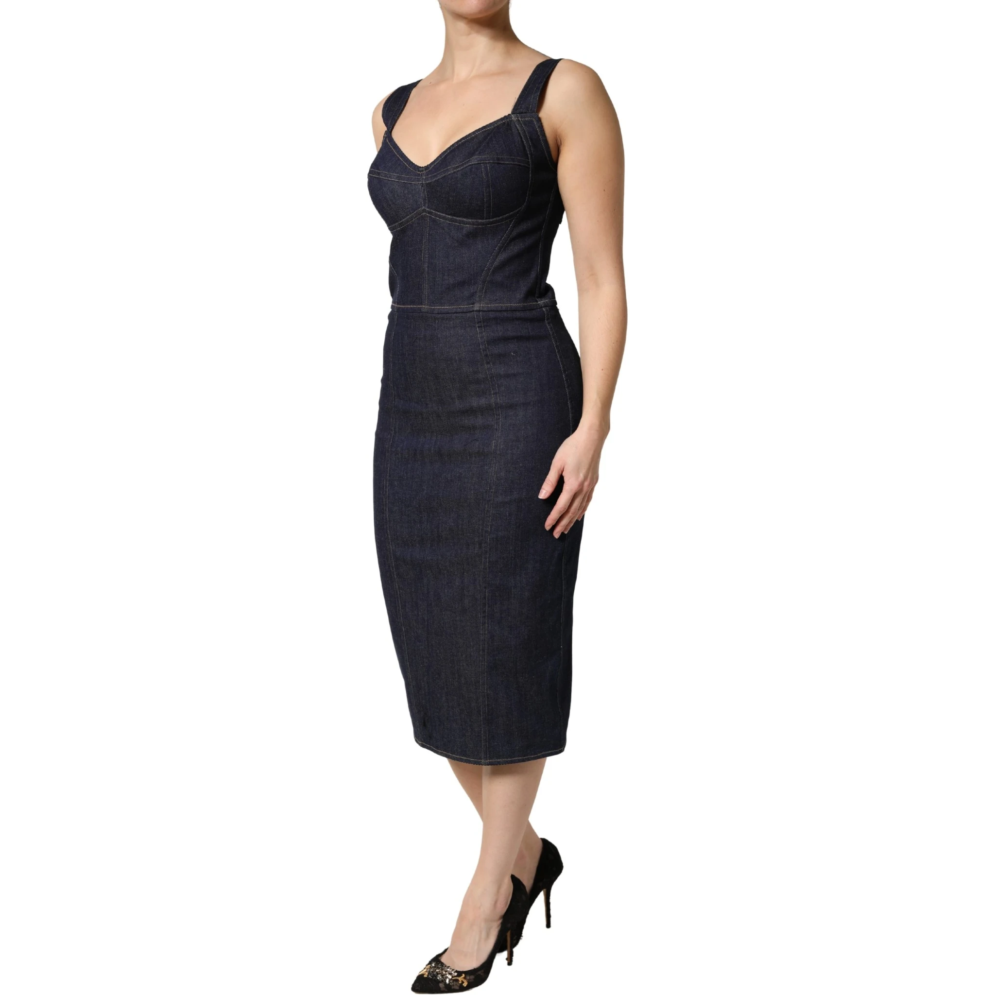 Dark Blue Cotton Denim Sheath Midi Dress