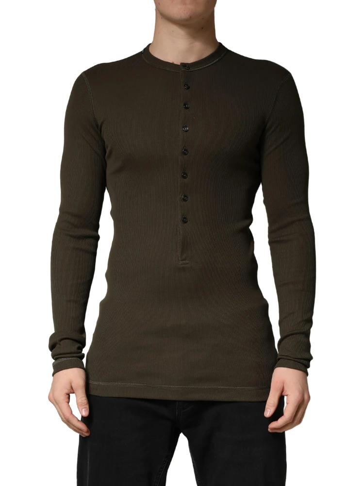 Brown Cotton Buttoned Henley Pullover Sweater