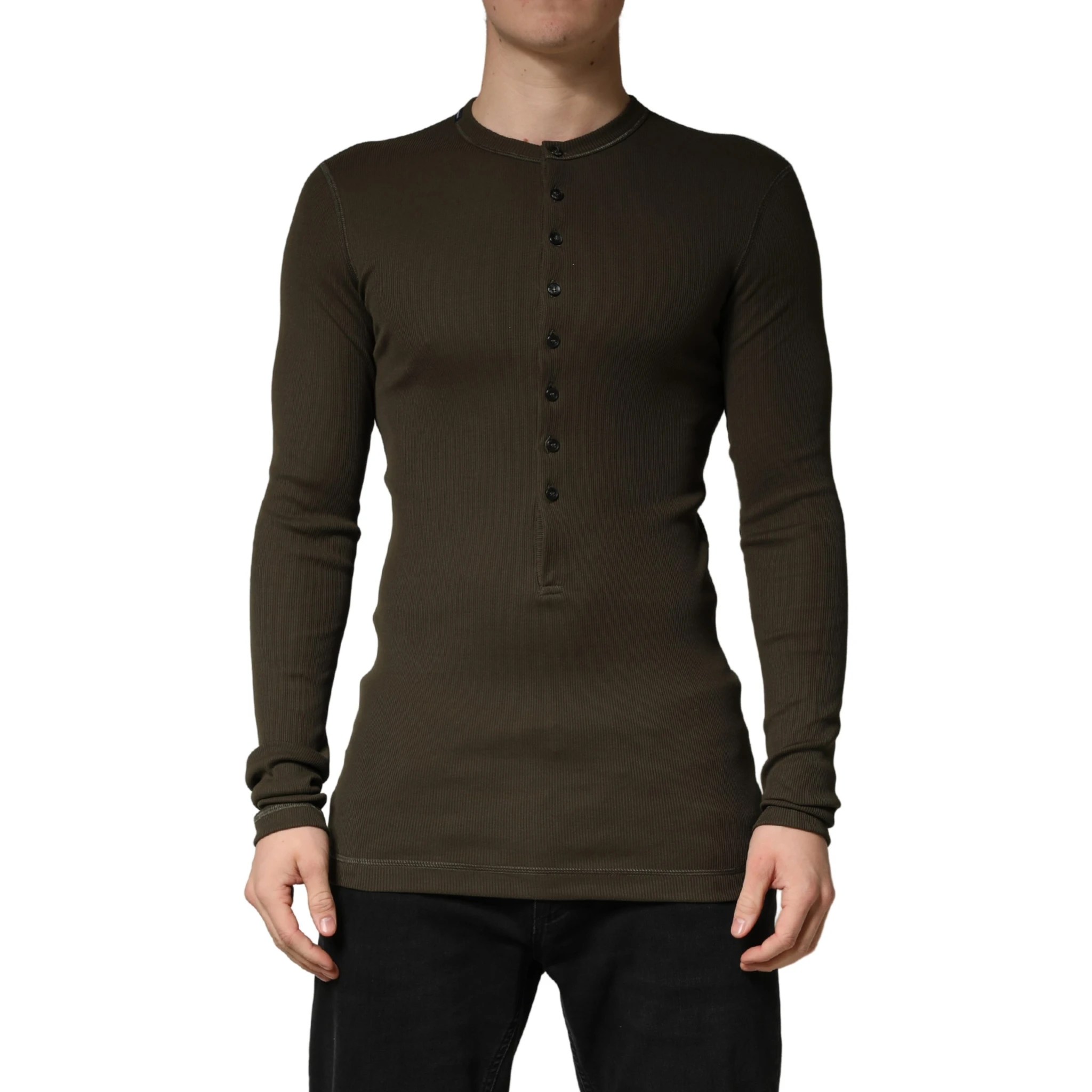Brown Cotton Buttoned Henley Pullover Sweater