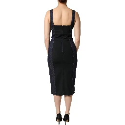 Dark Blue Cotton Denim Sheath Midi Dress