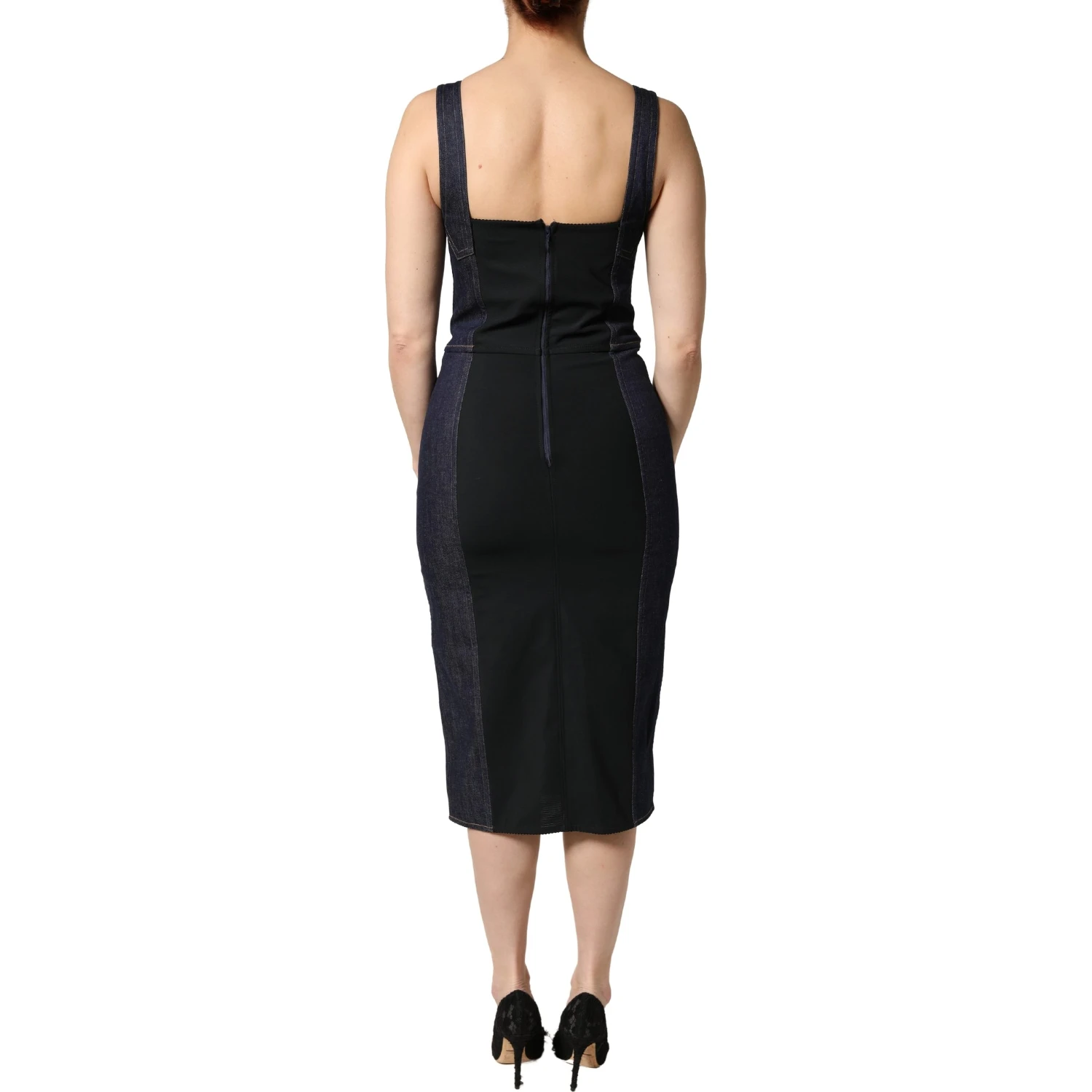 Dark Blue Cotton Denim Sheath Midi Dress