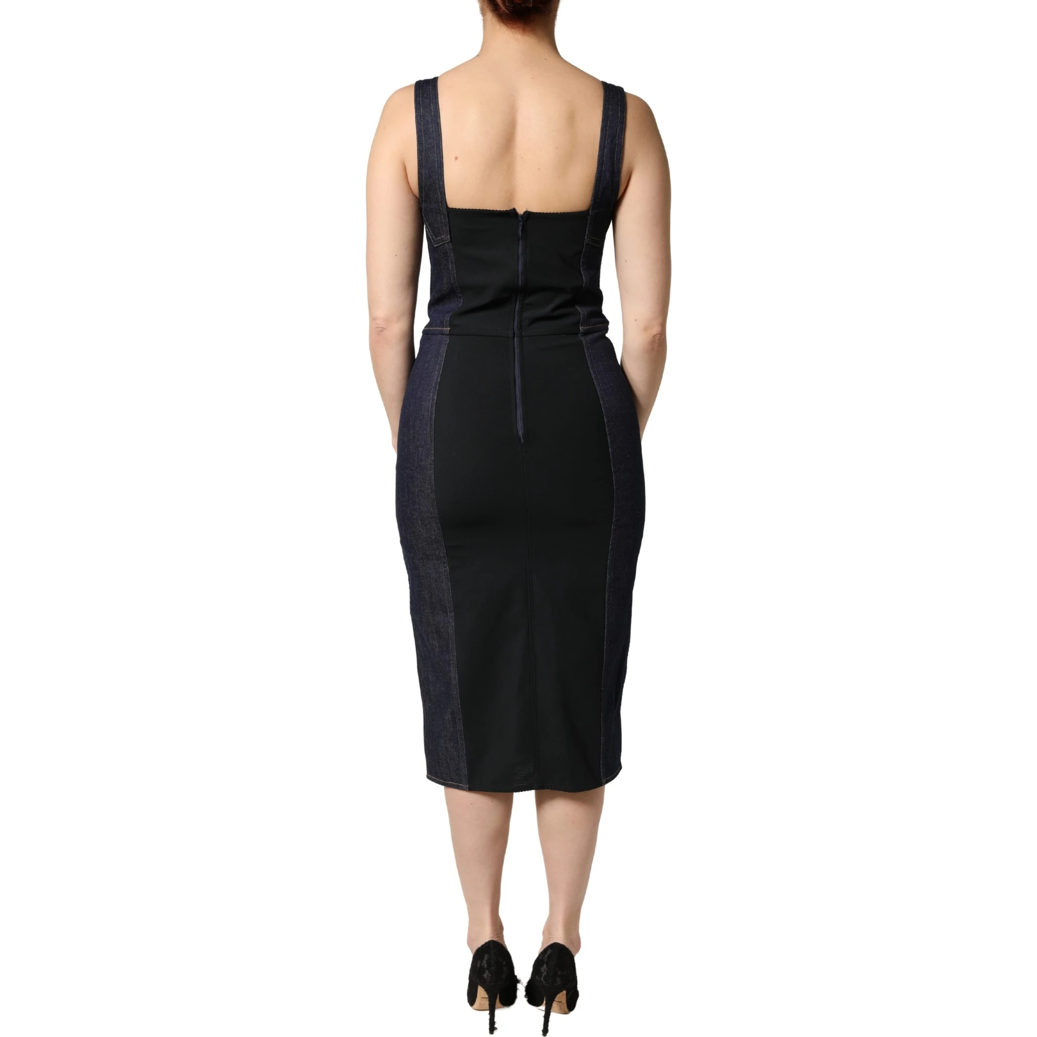 Dark Blue Cotton Denim Sheath Midi Dress