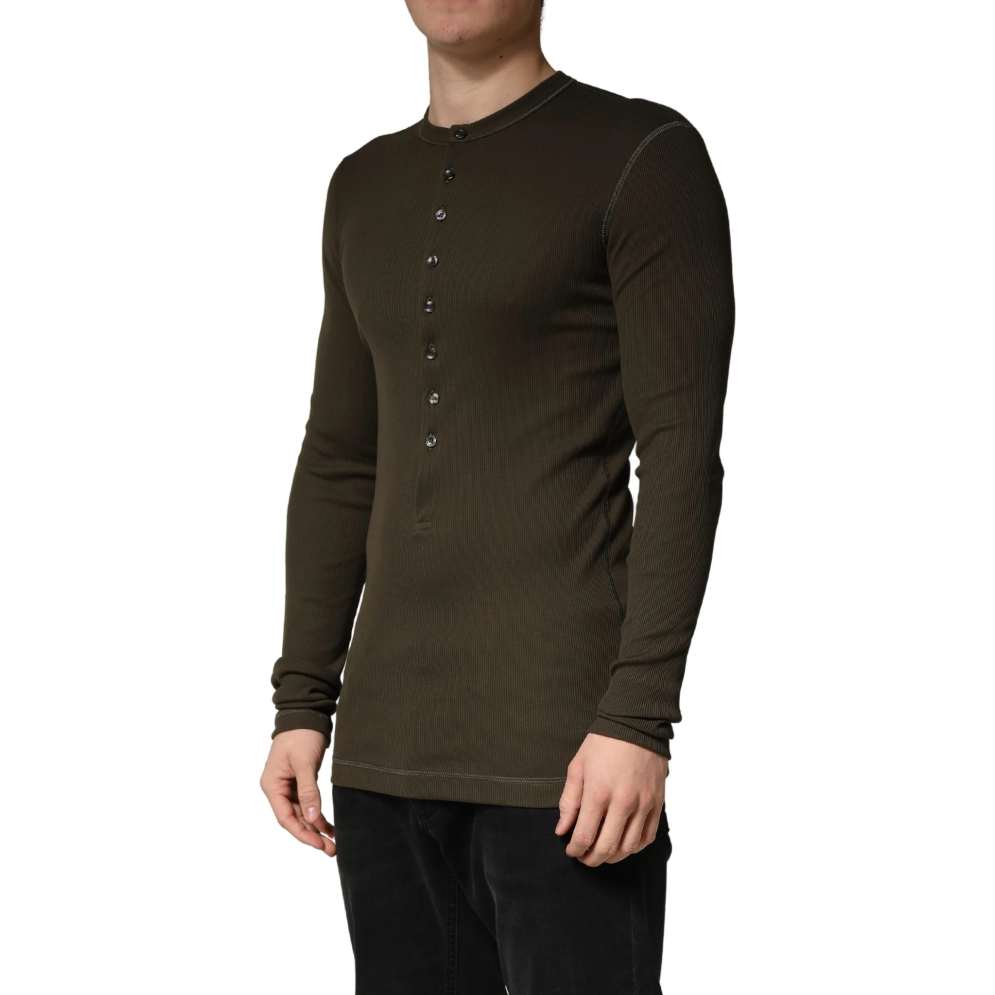 Brown Cotton Buttoned Henley Pullover Sweater