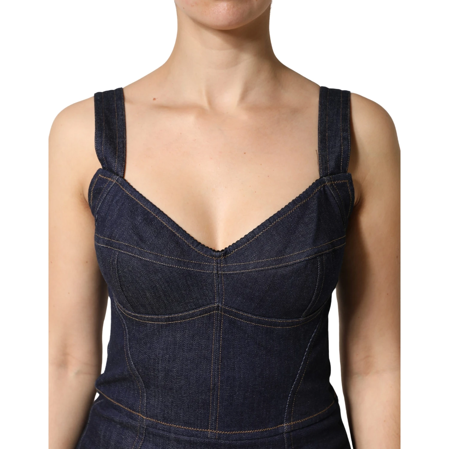 Dark Blue Cotton Denim Sheath Midi Dress