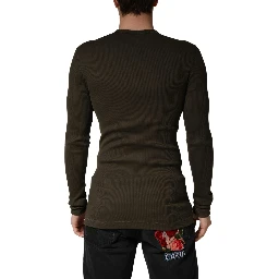 Brown Cotton Buttoned Henley Pullover Sweater