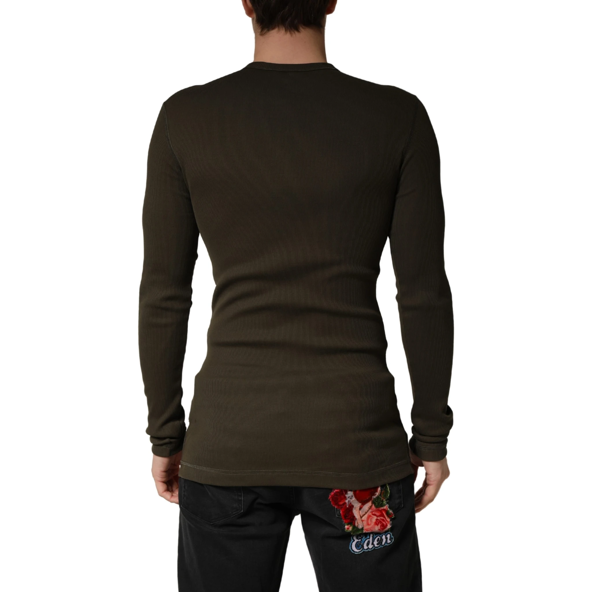 Brown Cotton Buttoned Henley Pullover Sweater