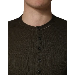 Brown Cotton Buttoned Henley Pullover Sweater