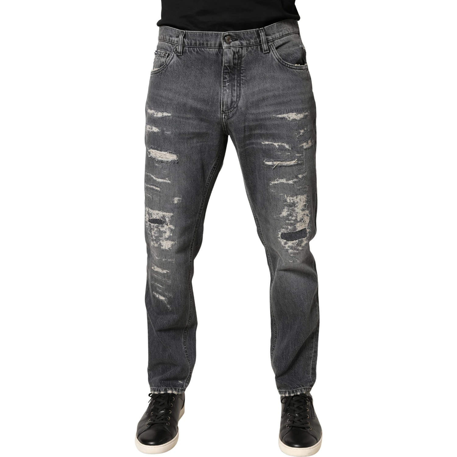 Dark Gray Tattered Cotton Loose Denim Jeans