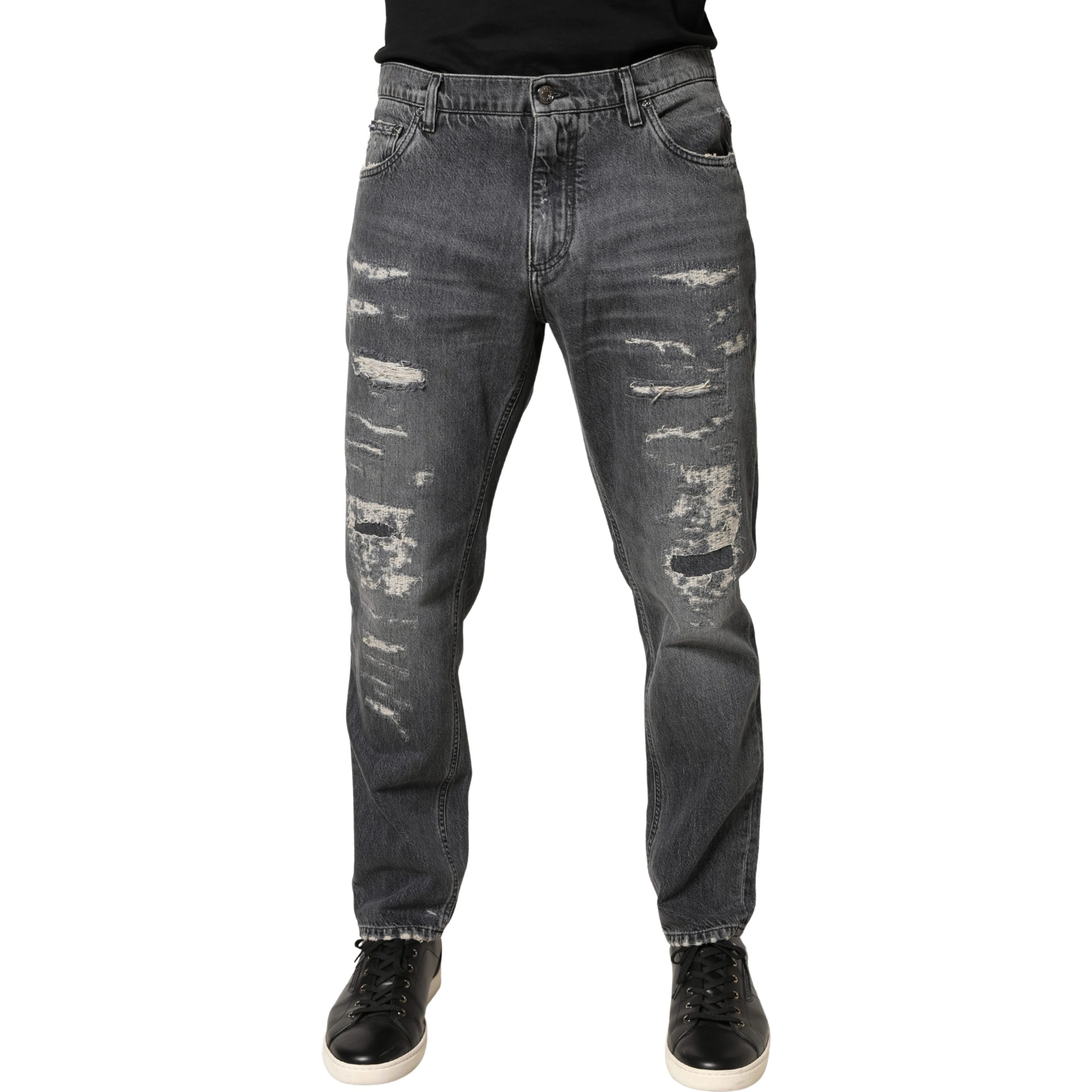 Dark Gray Tattered Cotton Loose Denim Jeans