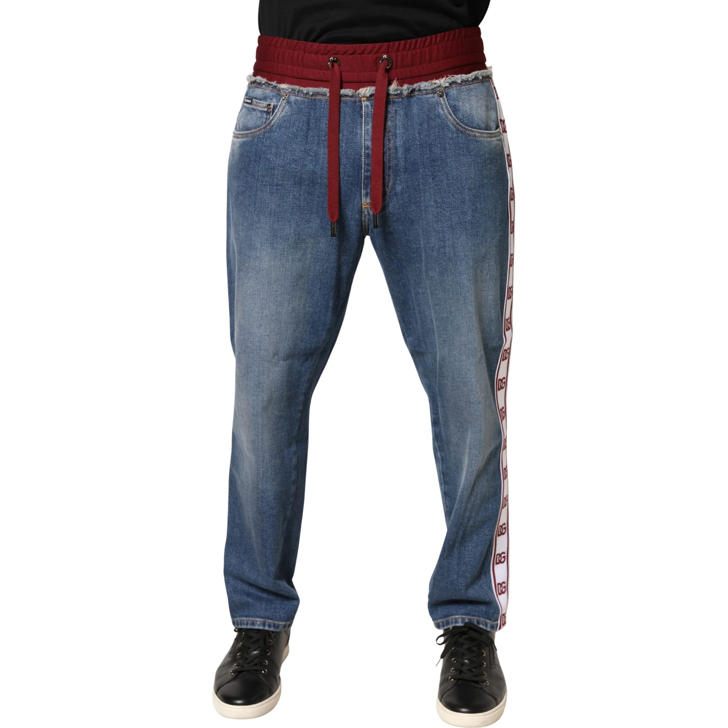 Blue Cotton Drawstring Straight Denim Jeans