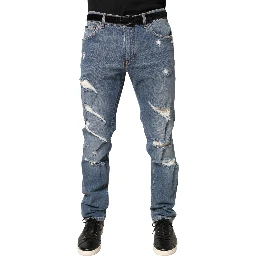 Blue Tattered Slim Fit Cotton Denim Jeans