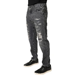 Dark Gray Tattered Cotton Loose Denim Jeans