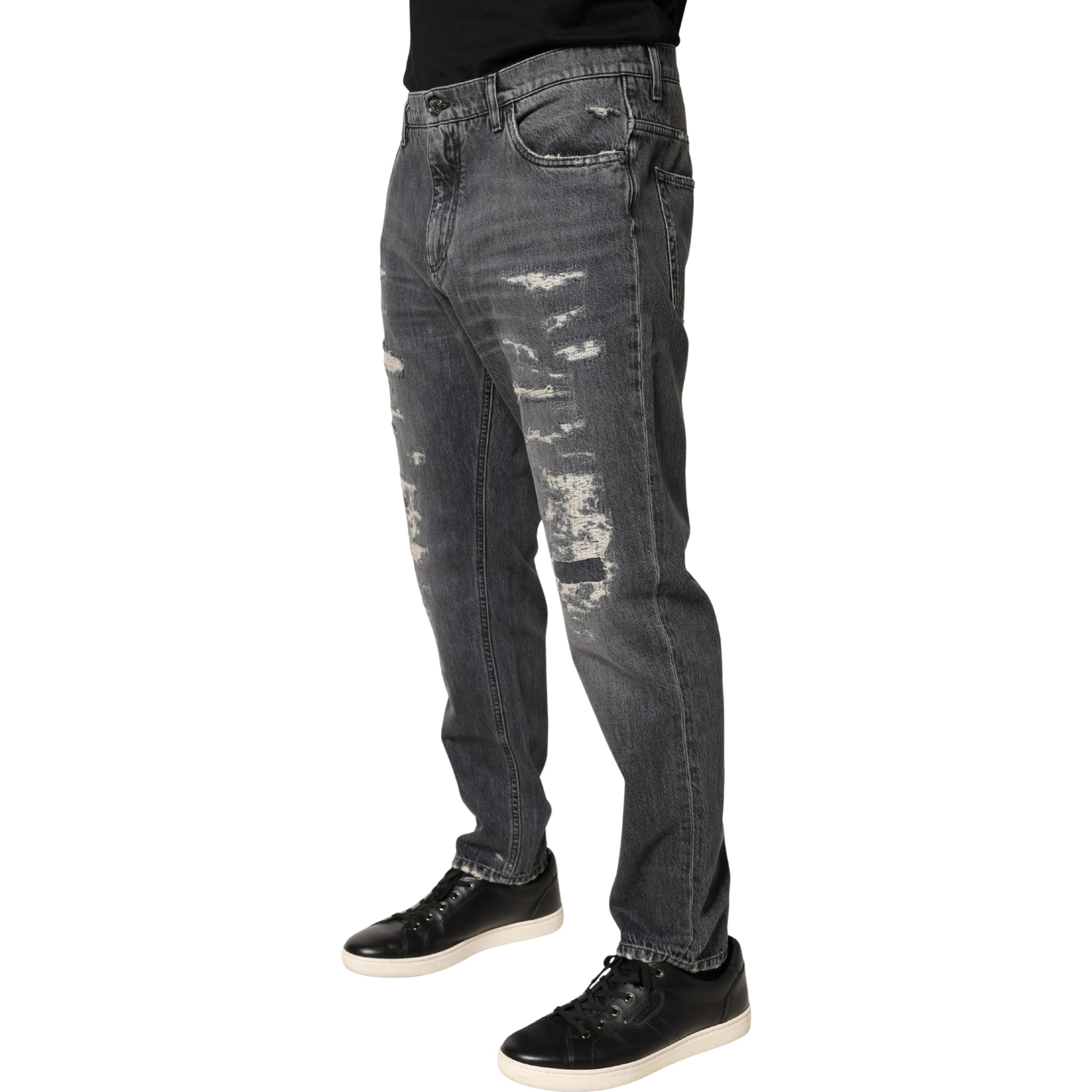 Dark Gray Tattered Cotton Loose Denim Jeans