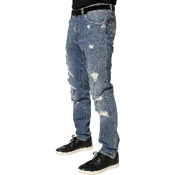 Blue Tattered Slim Fit Cotton Denim Jeans
