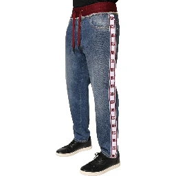 Blue Cotton Drawstring Straight Denim Jeans