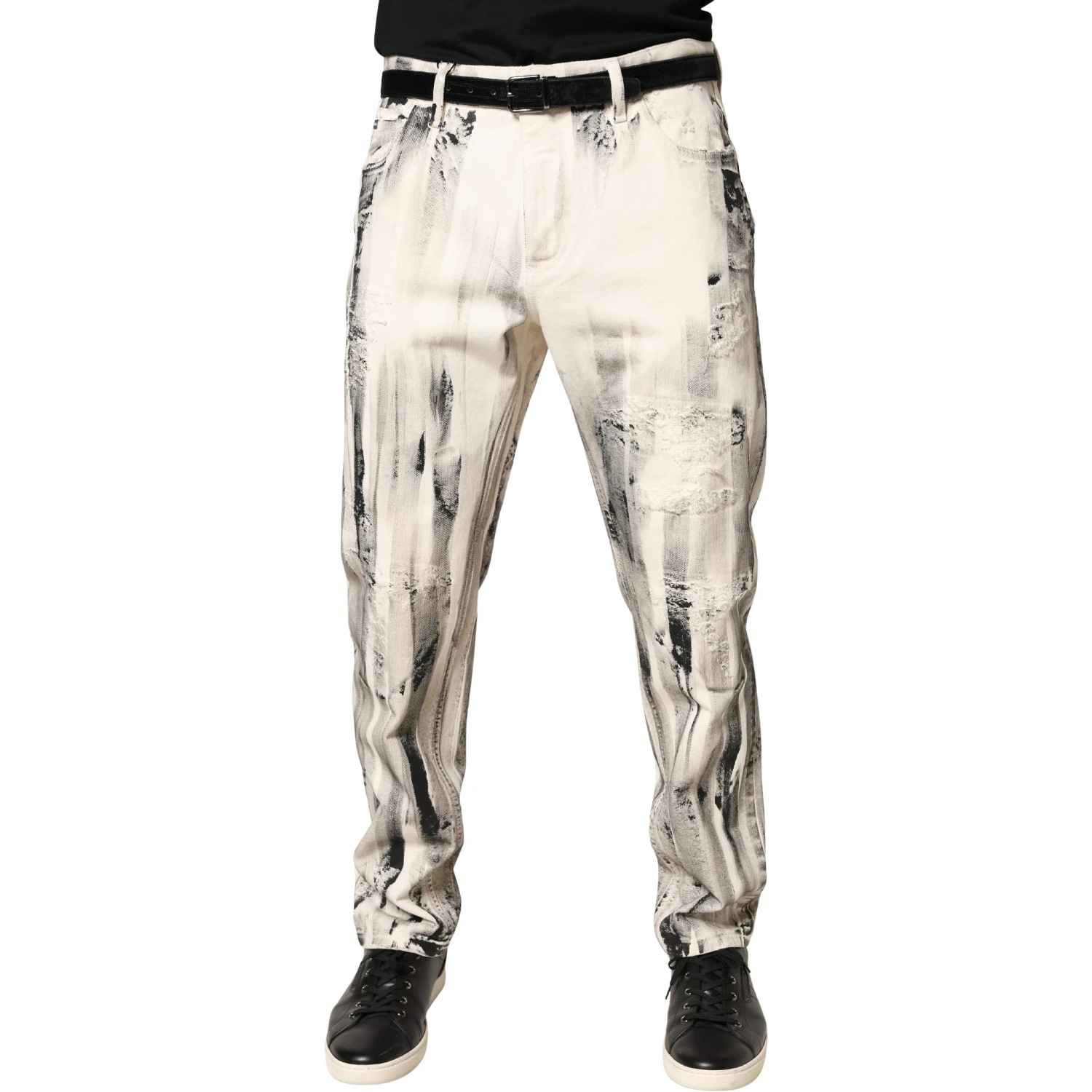 White Distressed Paint Print LooseDenim Jeans