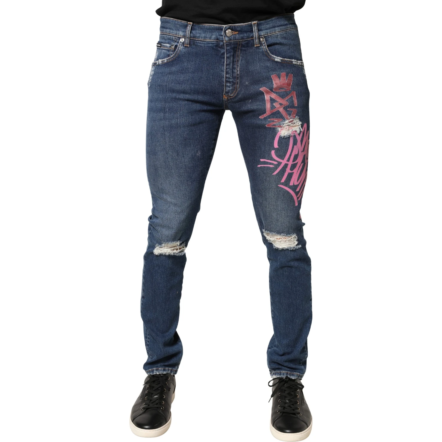 Blue Distressed Graffiti Print Skinny Jeans