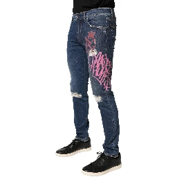Blue Distressed Graffiti Print Skinny Jeans