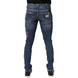 Blue Distressed Graffiti Print Skinny Jeans