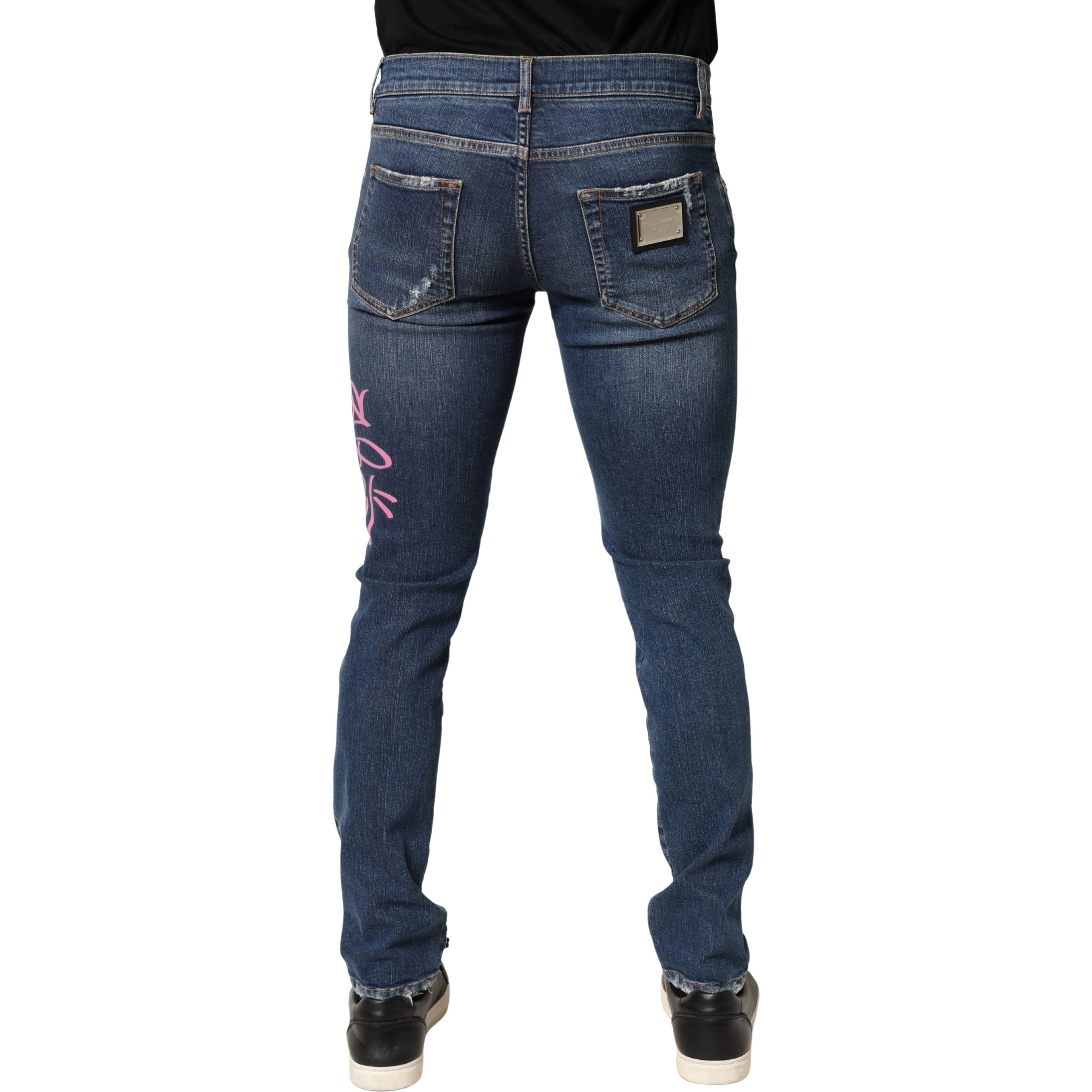 Blue Distressed Graffiti Print Skinny Jeans