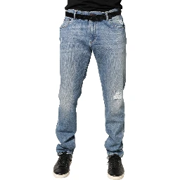 Blue Tattered Slim Fit Men Cotton Denim Jeans
