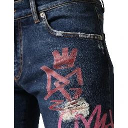 Blue Distressed Graffiti Print Skinny Jeans