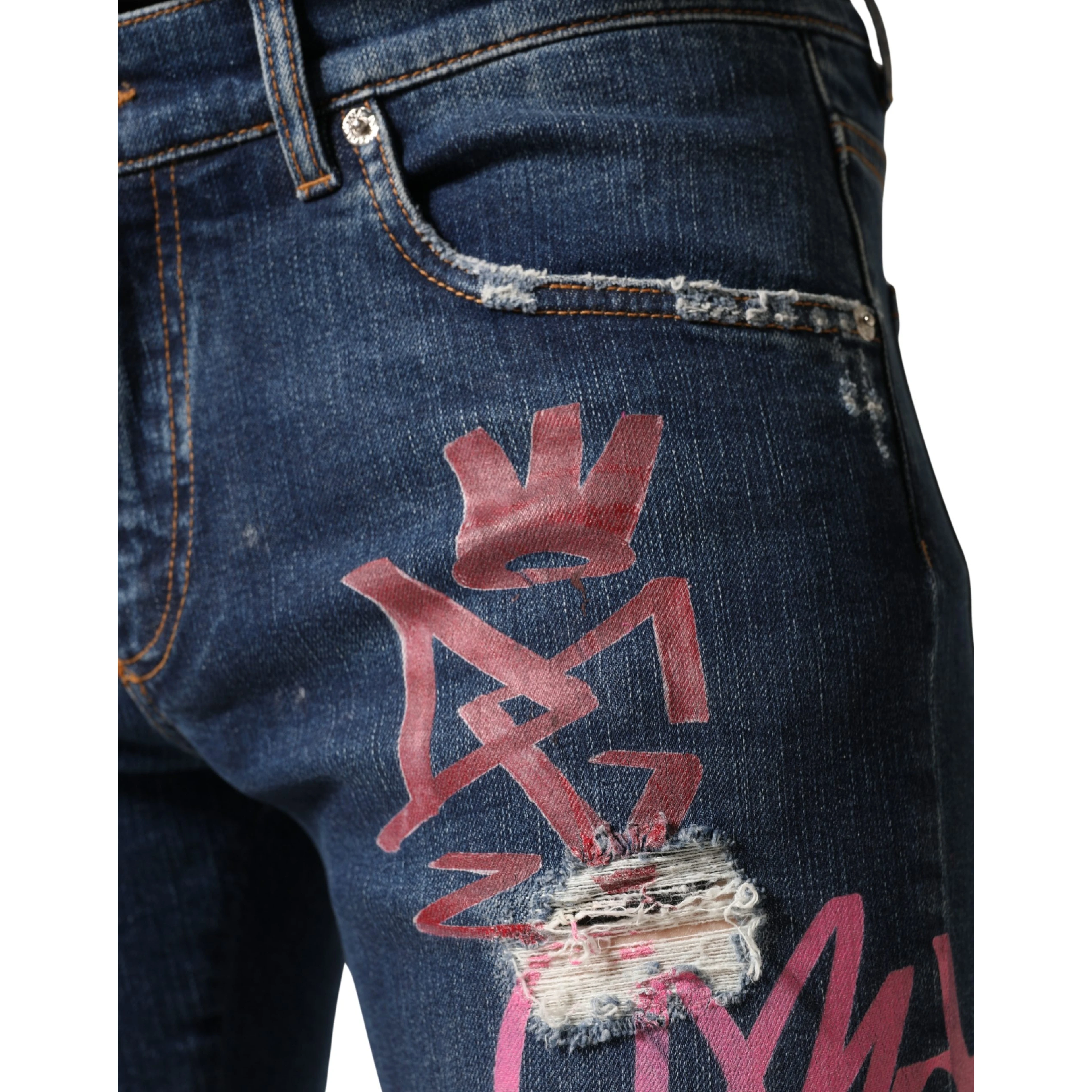 Blue Distressed Graffiti Print Skinny Jeans