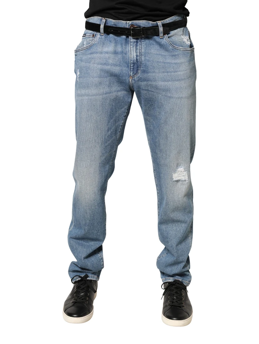 Blue Tattered Slim Fit Men Cotton Denim Jeans