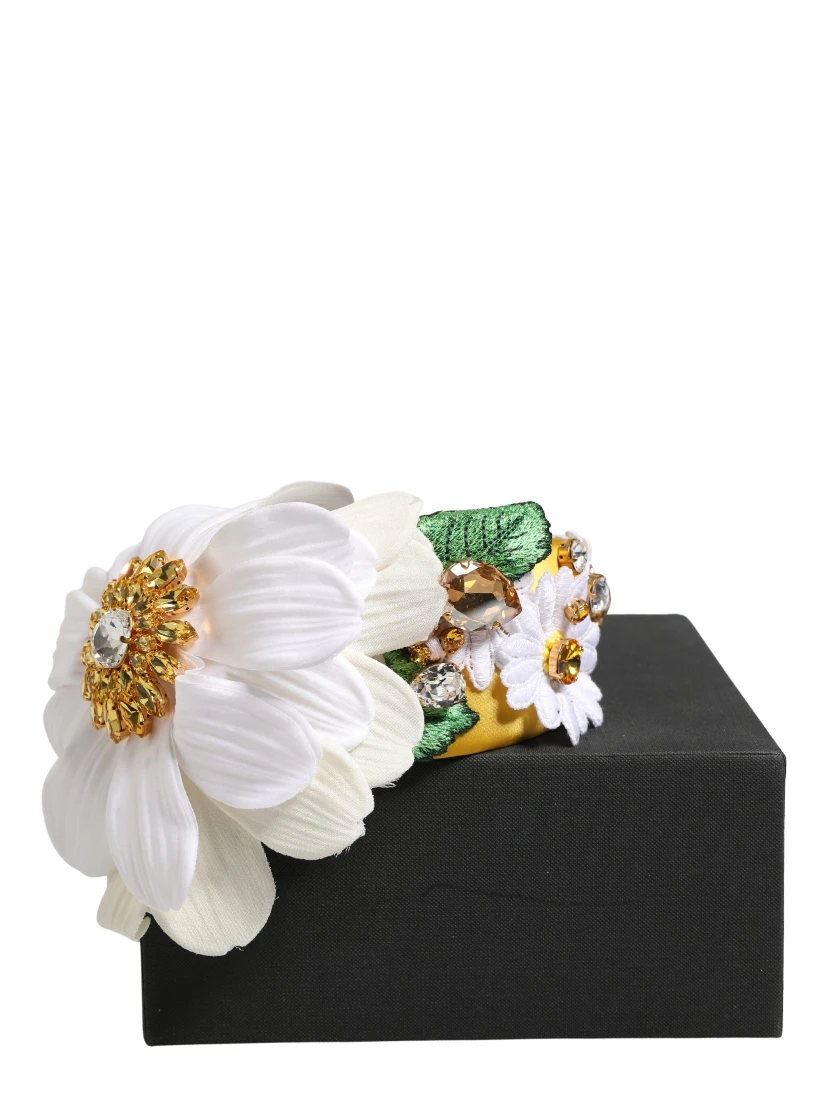White Yellow Silk Blend Floral Crystals Diadem Headband