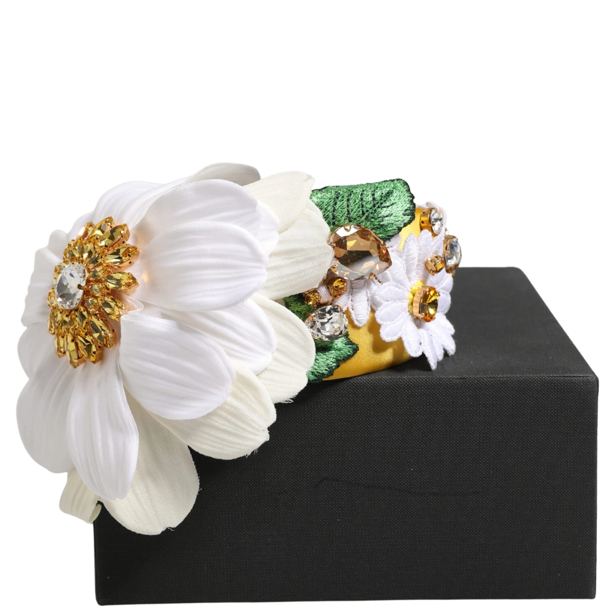 White Yellow Silk Blend Floral Crystals Diadem Headband