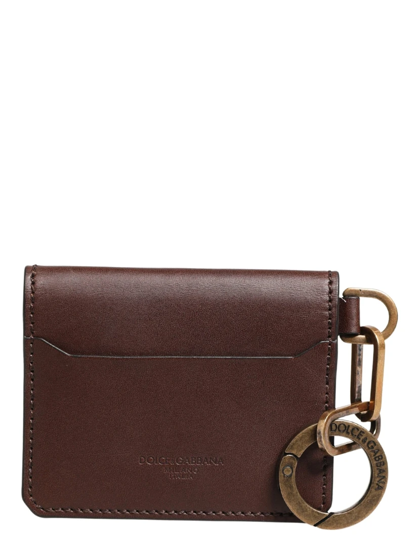 Brown Leather Logo Embossed Key Chain Card Holder Wallet