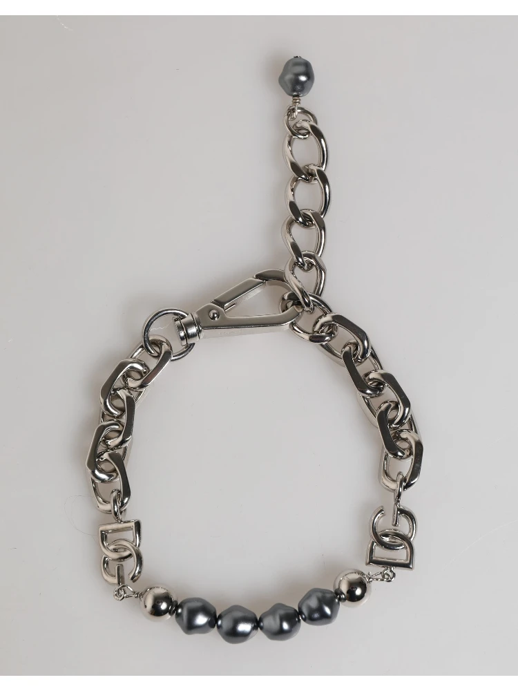 Silver Tone Chain Lobster Clasp Logo Gray Pearls Bracelet