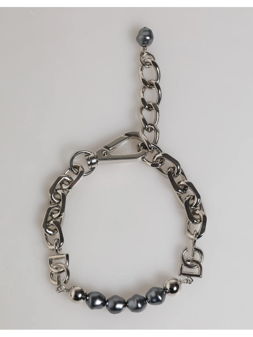 Silver Tone Chain Lobster Clasp Logo Gray Pearls Bracelet