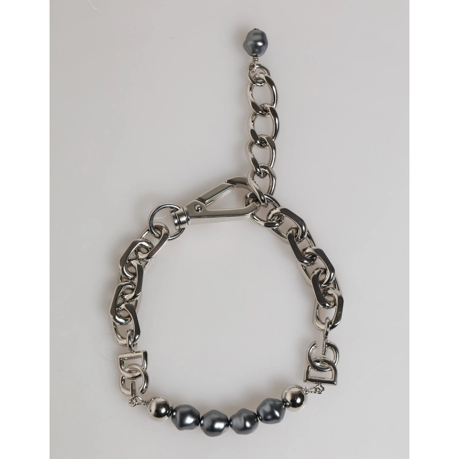 Silver Tone Chain Lobster Clasp Logo Gray Pearls Bracelet