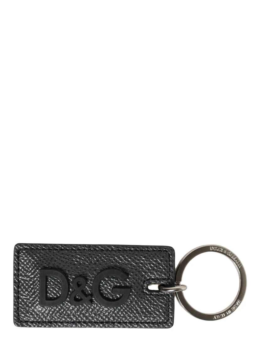 Black Calf Leather D&G Logo Metal Ring Keyring Keychain