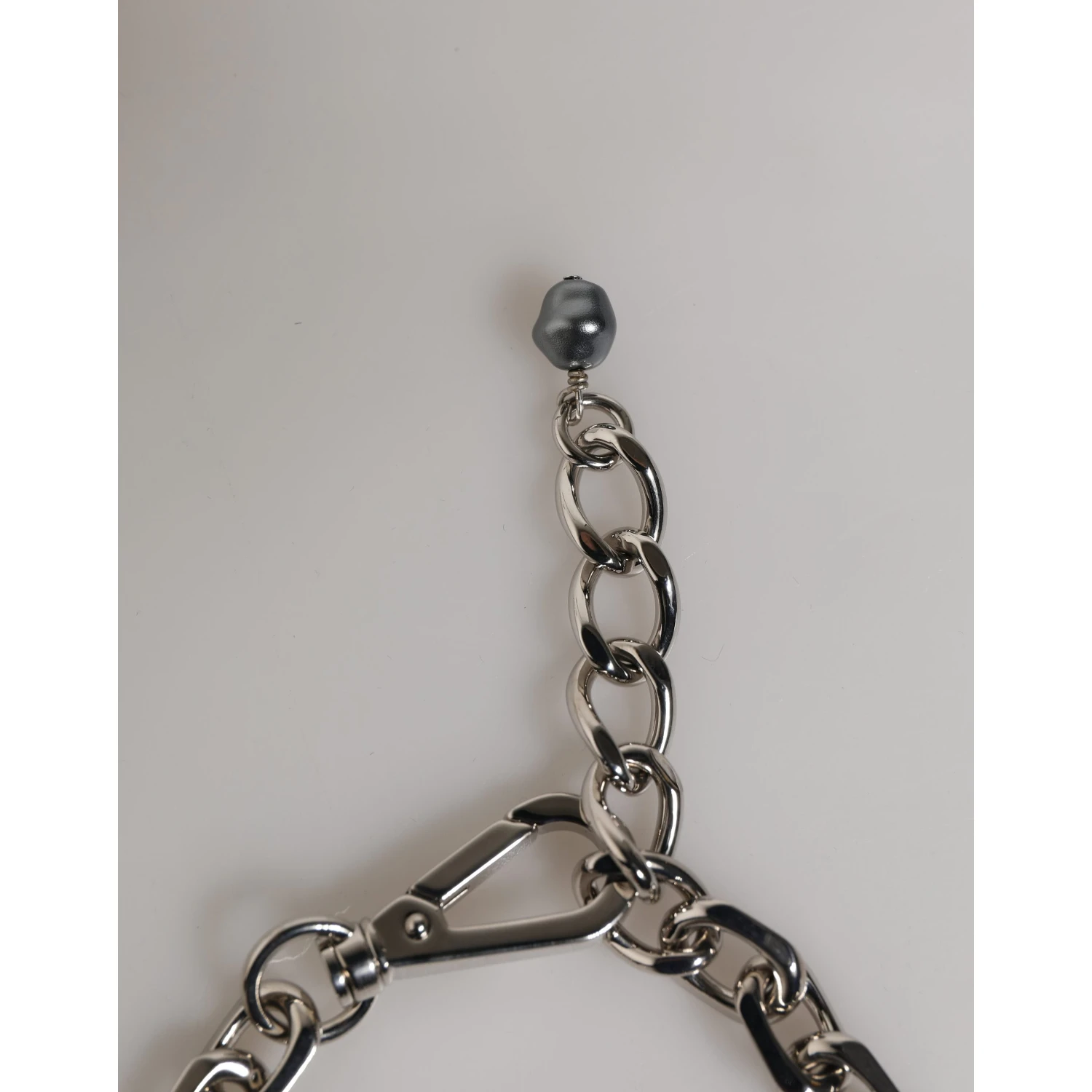 Silver Tone Chain Lobster Clasp Logo Gray Pearls Bracelet