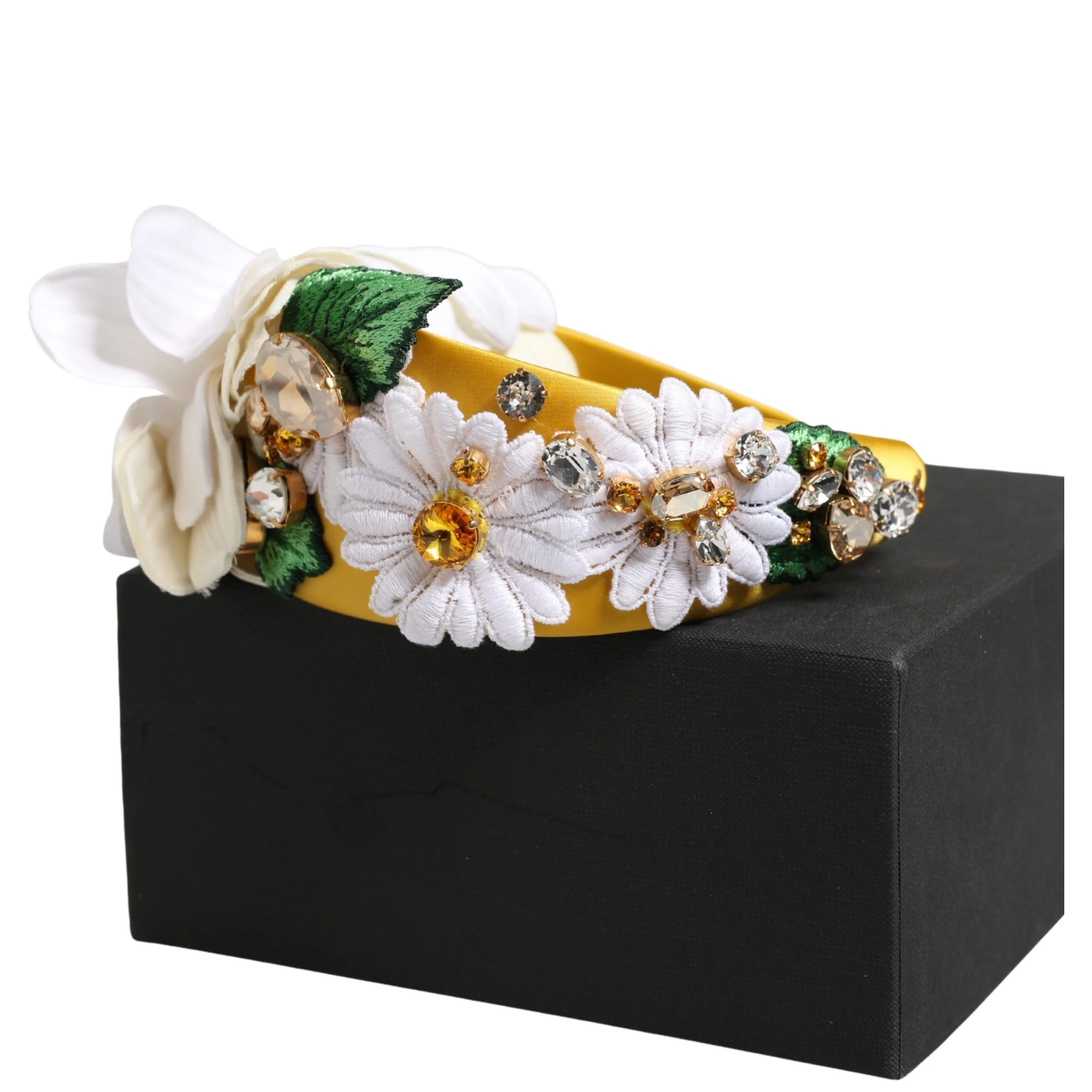 White Yellow Silk Blend Floral Crystals Diadem Headband