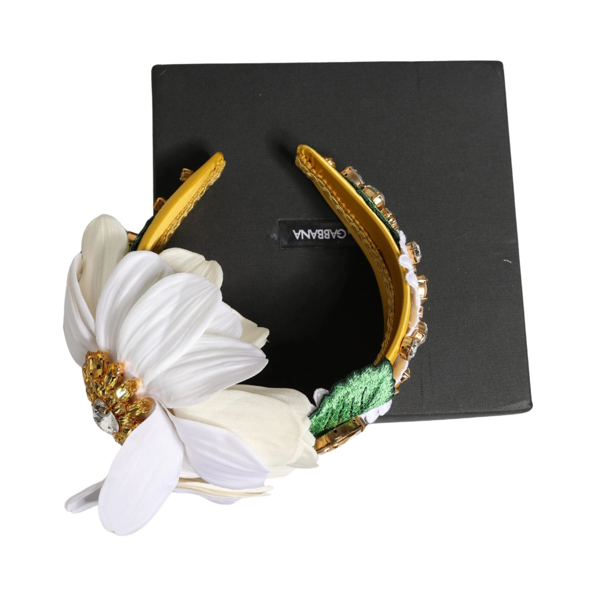 White Yellow Silk Blend Floral Crystals Diadem Headband