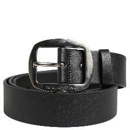 Black Calf Leather Silver Metal Buckle Belt