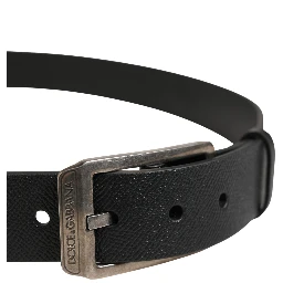 Black Calf Leather Silver Metal Buckle Belt