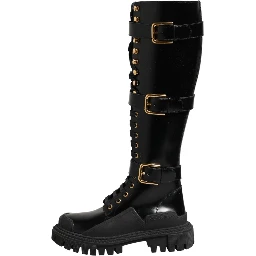 Black Buckle Embellished Knee High Boots Shoes
