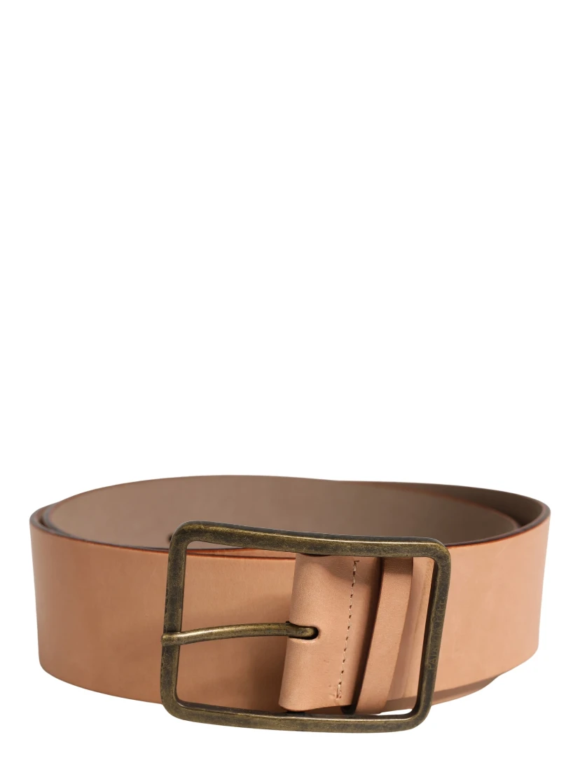 Beige Genuine Leather Wide Waist Metal Buckle Belt