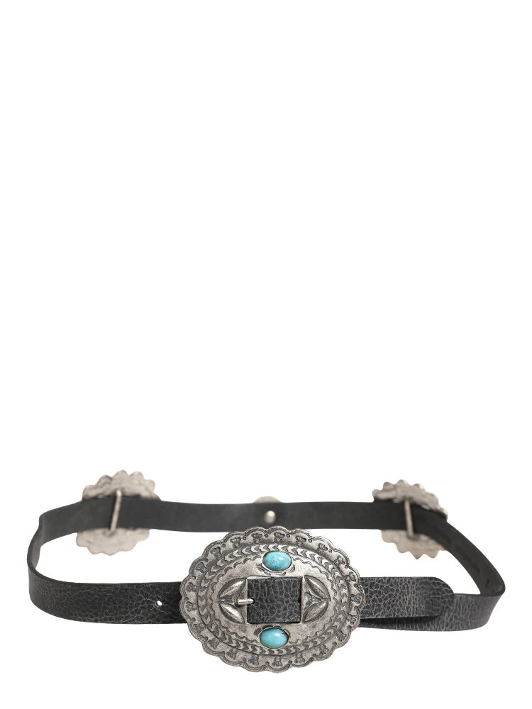 حزام من الجلد الأسود الفيروزي مزين بإبزيم بيضاوي