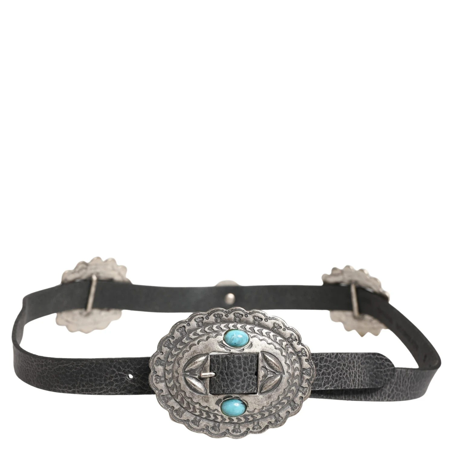 Black Turquoise Leather Embellished Oval Buckle Belt