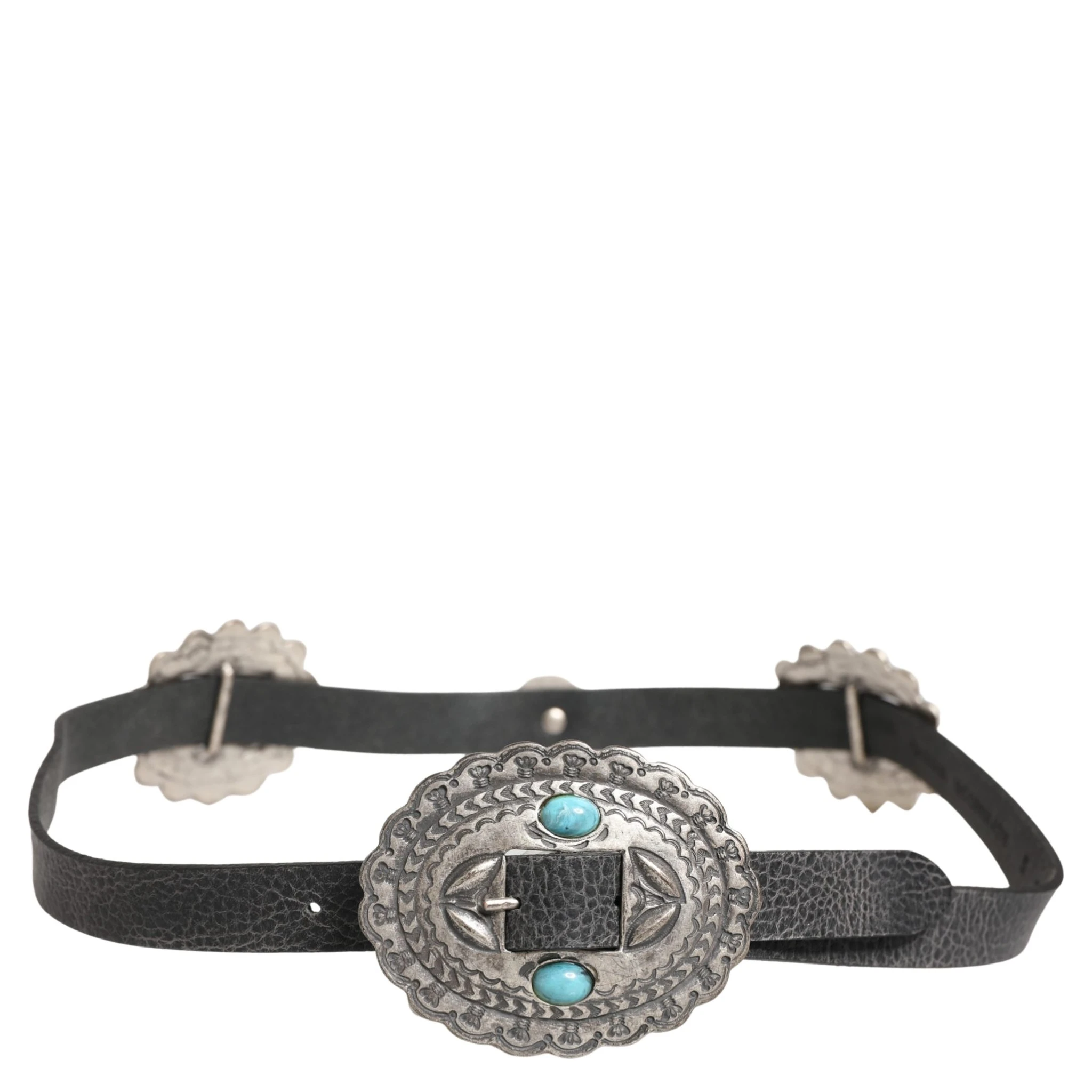 حزام من الجلد الأسود الفيروزي مزين بإبزيم بيضاوي