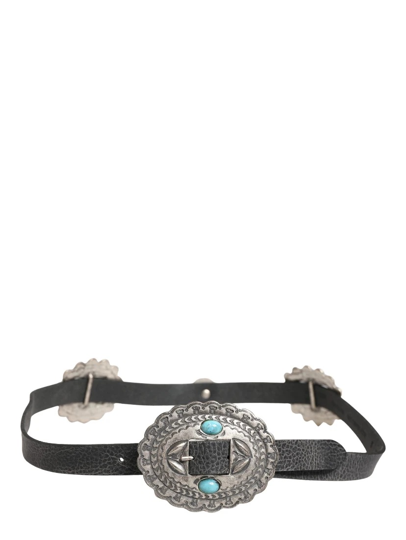 حزام من الجلد الأسود الفيروزي مزين بإبزيم بيضاوي
